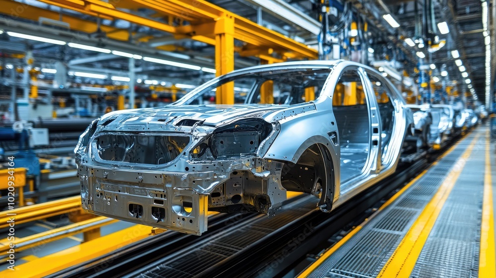 Automotive Assembly Line with Car Frames in Factory Automotive Assembly Line with Car Frames in Factory