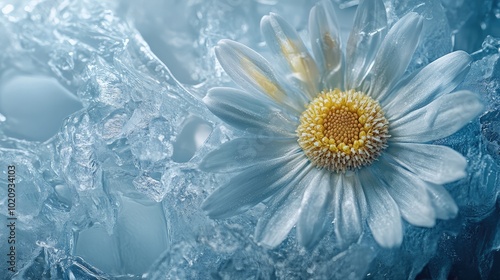 A close-up of a delicate daisy trapped in translucent ice, highlighting the intricate petals against the frosty backdrop