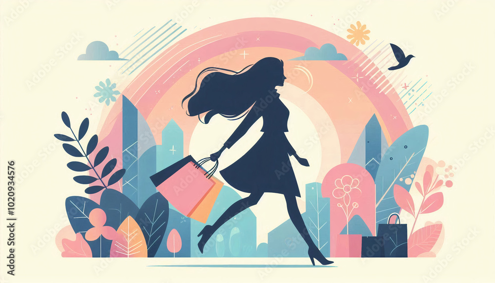 Silhouette of a woman carrying shopping bags, set against a cityscape with nature elements, symbolizing urban lifestyle and shopping Silhouette of a woman carrying shopping bags, set against a cityscape with nature elements, symbolizing urban lifestyle and shopping