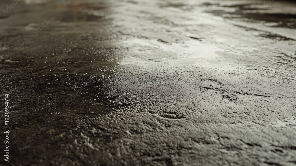 A detailed view of wet ready-mix concrete on a construction slab, showcasing the smooth surface ready for finishing A detailed view of wet ready-mix concrete on a construction slab, showcasing the smooth surface ready for finishing