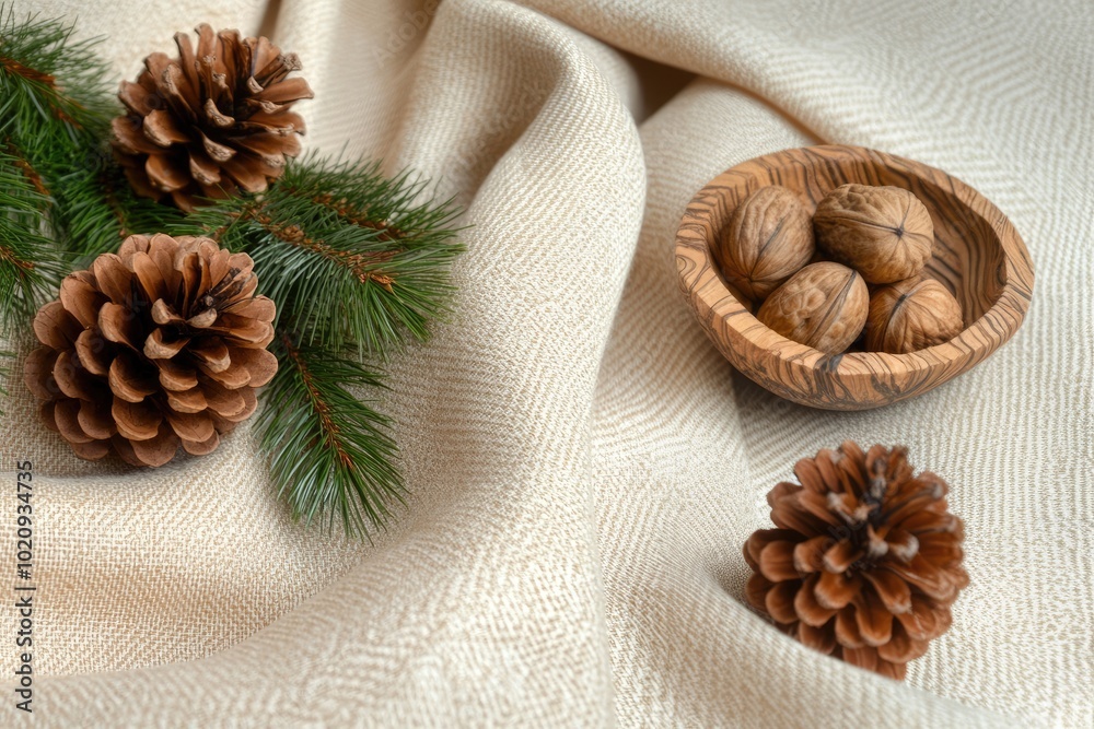A cozy winter flat lay featuring pinecones, fresh pine branches, and a handcrafted bowl of walnuts on a soft, beige fabric backdrop, perfect for seasonal inspiration A cozy winter flat lay featuring pinecones, fresh pine branches, and a handcrafted bowl of walnuts on a soft, beige fabric backdrop, perfect for seasonal inspiration