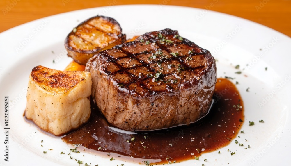 A succulent grilled steak served with seared scallops and a savory sauce on a white plate, garnished with herbs. A succulent grilled steak served with seared scallops and a savory sauce on a white plate, garnished with herbs.