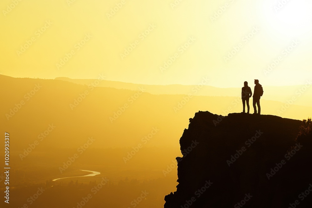 Two Hikers on Cliff at Sunset Overlooking Valley Two Hikers on Cliff at Sunset Overlooking Valley
