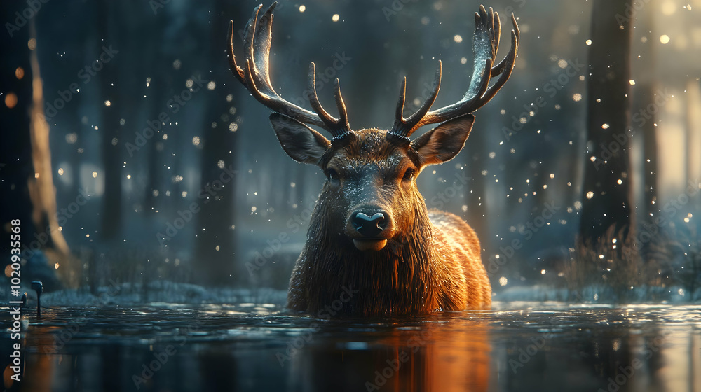 Majestic Deer Standing in a Wintery Forest, Illustration Majestic Deer Standing in a Wintery Forest, Illustration