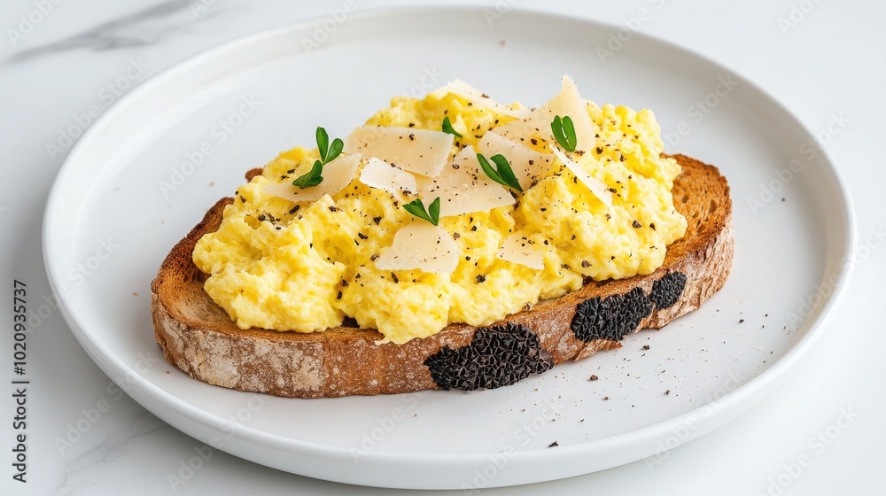A delicious plate featuring creamy scrambled eggs atop toasted bread, garnished with herbs and pepper for a delightful breakfast treat. A delicious plate featuring creamy scrambled eggs atop toasted bread, garnished with herbs and pepper for a delightful breakfast treat.