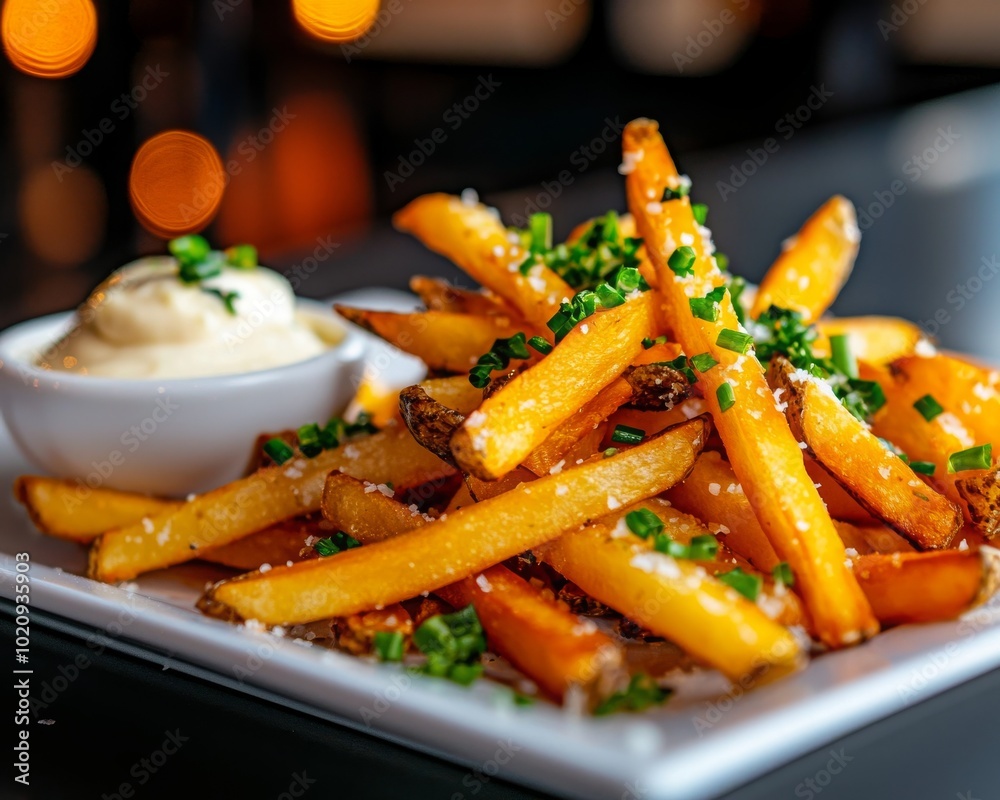Golden, crispy fries topped with herbs, served with creamy dip on a stylish plate, perfect for snacking or sharing at a lively venue. Golden, crispy fries topped with herbs, served with creamy dip on a stylish plate, perfect for snacking or sharing at a lively venue.