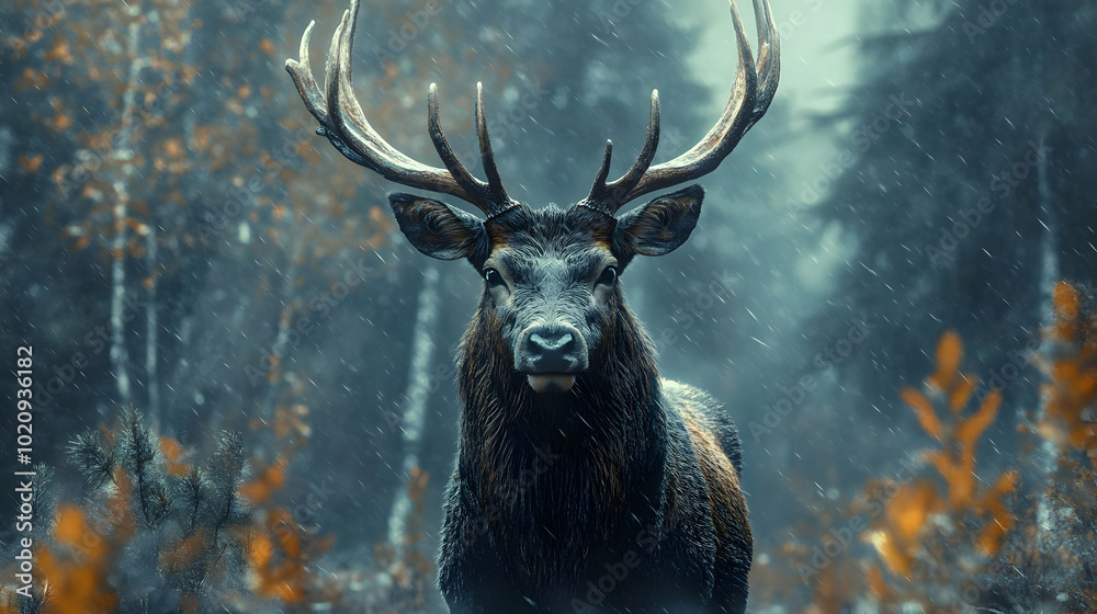 Majestic Deer in Rain-Soaked Forest - Realistic Image Majestic Deer in Rain-Soaked Forest - Realistic Image