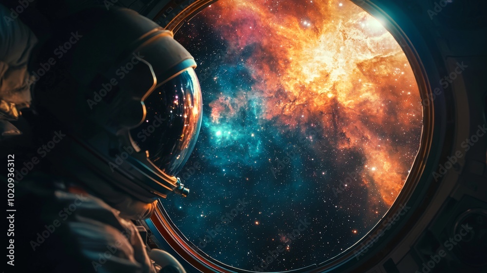 An astronaut looking out at a distant galaxy through the window of a spaceship An astronaut looking out at a distant galaxy through the window of a spaceship