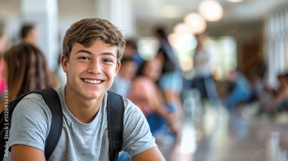 Fototapeta premium Portrait of handsome young university student standing and leaning to a wall in college corridor with other students at the back. Caucasian male student in high school campus.