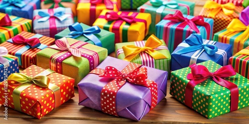 Vibrant gifts wrapped in colorful paper and adorned with ribbons and bows, gifts, wrapped, bright, paper, ribbons, bows