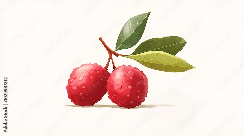 Obraz premium Fresh Lychee Fruit with Green Leaves on White Background