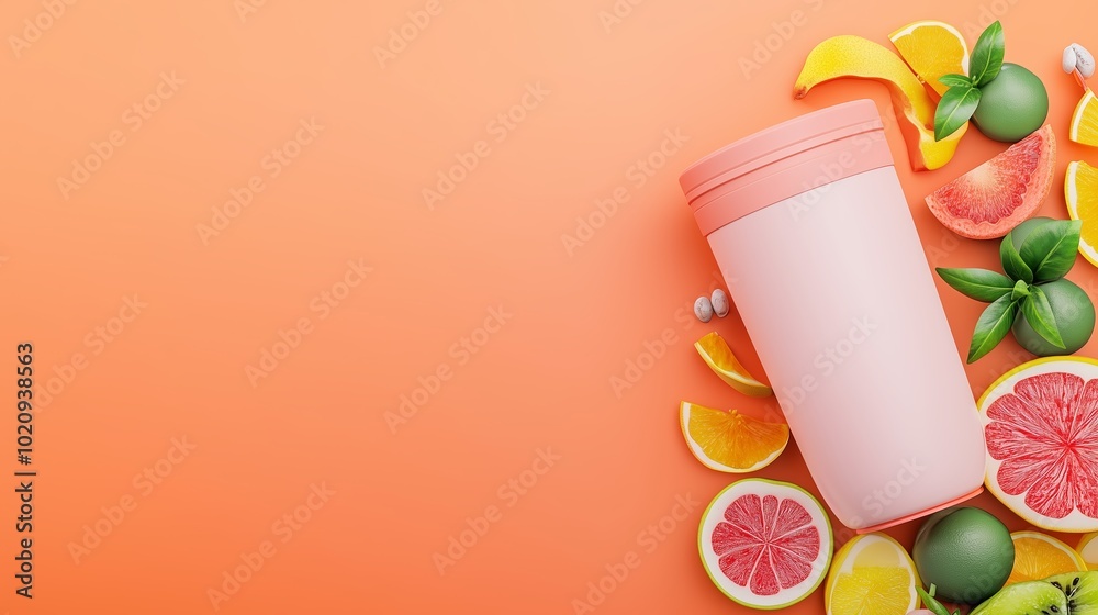 Healthy meal with fruits and protein shake, fitness lifestyle, 3D illustration Healthy meal with fruits and protein shake, fitness lifestyle, 3D illustration