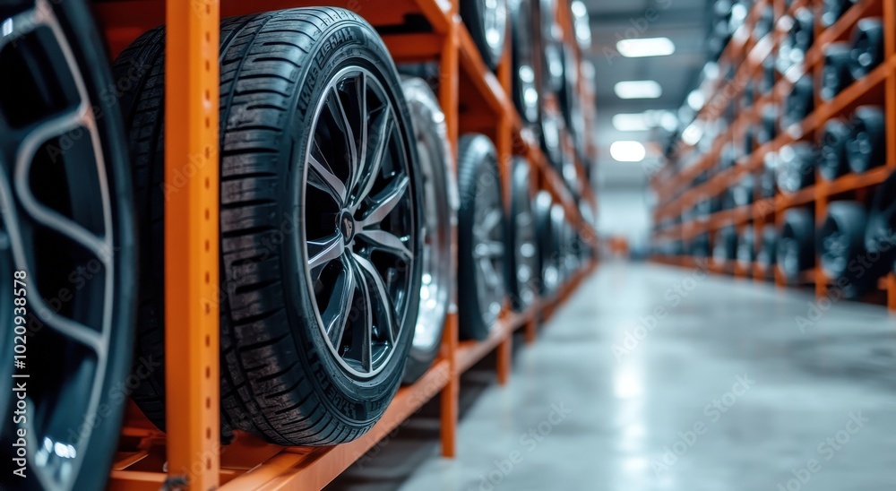 A row of new tires on orange warehouse shelves, with black rims. The tires are made from rubber and have an aerodynamic design. A row of new tires on orange warehouse shelves, with black rims. The tires are made from rubber and have an aerodynamic design.