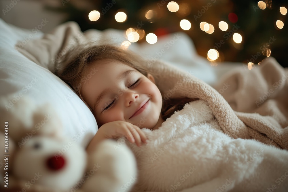 A young child peacefully sleeps bundled in a cozy blanket, surrounded by soft, glowing fairy lights, creating a warm and festive atmosphere in a holiday setting. A young child peacefully sleeps bundled in a cozy blanket, surrounded by soft, glowing fairy lights, creating a warm and festive atmosphere in a holiday setting.