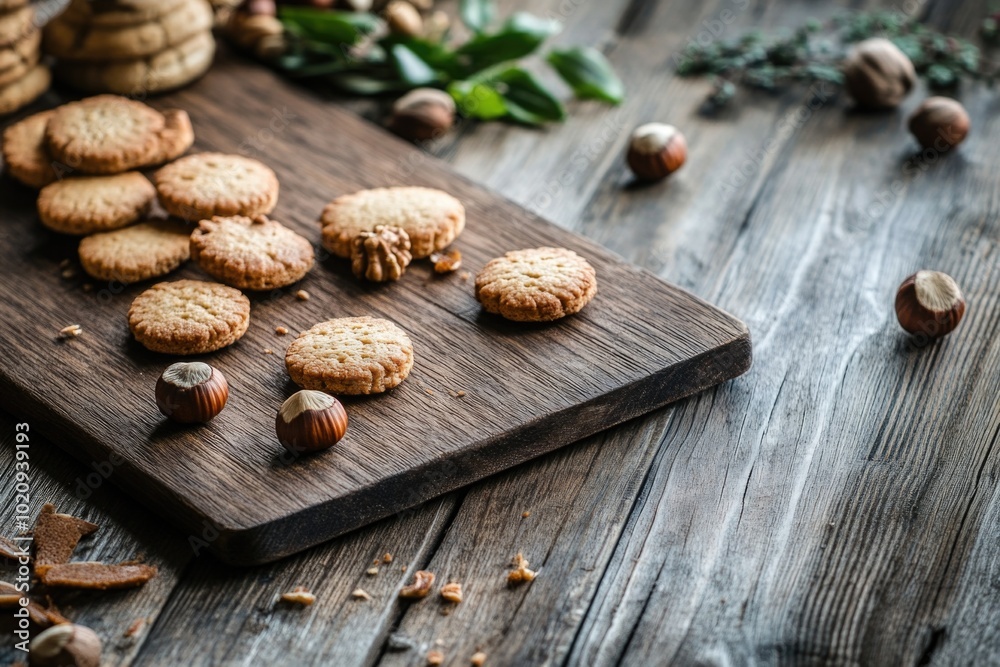 A wooden cutting board topped with fresh cookies and nuts, perfect for snacking or serving at parties A wooden cutting board topped with fresh cookies and nuts, perfect for snacking or serving at parties
