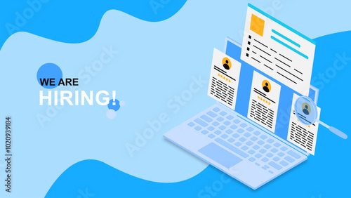 Searching new employee, recruitment process, recruitment human resources management and hiring online with laptop isometric