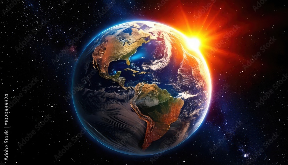 Earth with sunlight shining from space, showcasing vibrant landscapes and oceans. Earth with sunlight shining from space, showcasing vibrant landscapes and oceans.