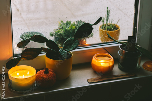 Cozy Indoor Scene with Candles and Plants on a Rainy Day