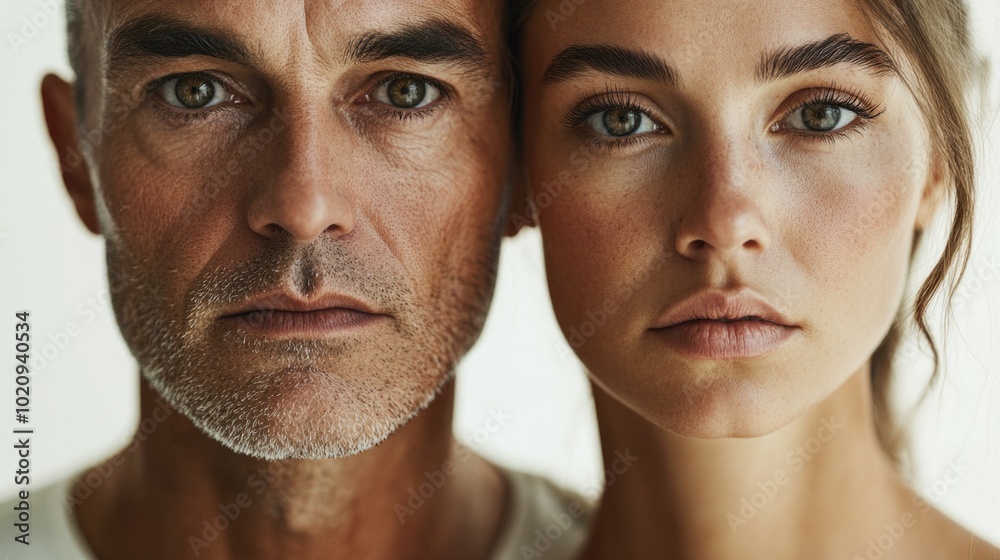 A man and a woman gazing directly into the lens A man and a woman gazing directly into the lens