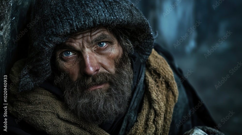 A poor, homeless, beggar man who has a beard is wearing a warm fur hat along with a scarf