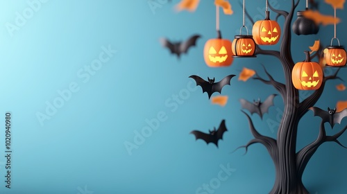 Spooky Halloween tree with hanging lanterns and bats, night sky, 3D illustration copy space for text, focus cover all object, deep dept of field photo