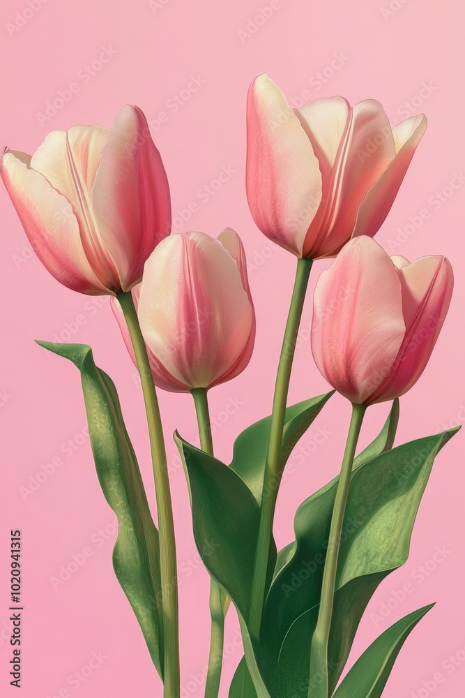 A bouquet of three pink tulips displayed in a vase against a pink background