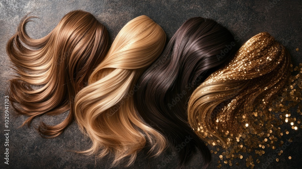 A variety of hair extensions in light and dark gold shades, fanned out on a polished surface for a sophisticated appearance A variety of hair extensions in light and dark gold shades, fanned out on a polished surface for a sophisticated appearance