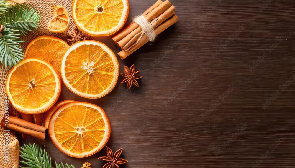 Sliced oranges, cinnamon sticks, and seasonal decorations on a wooden surface. Sliced oranges, cinnamon sticks, and seasonal decorations on a wooden surface.