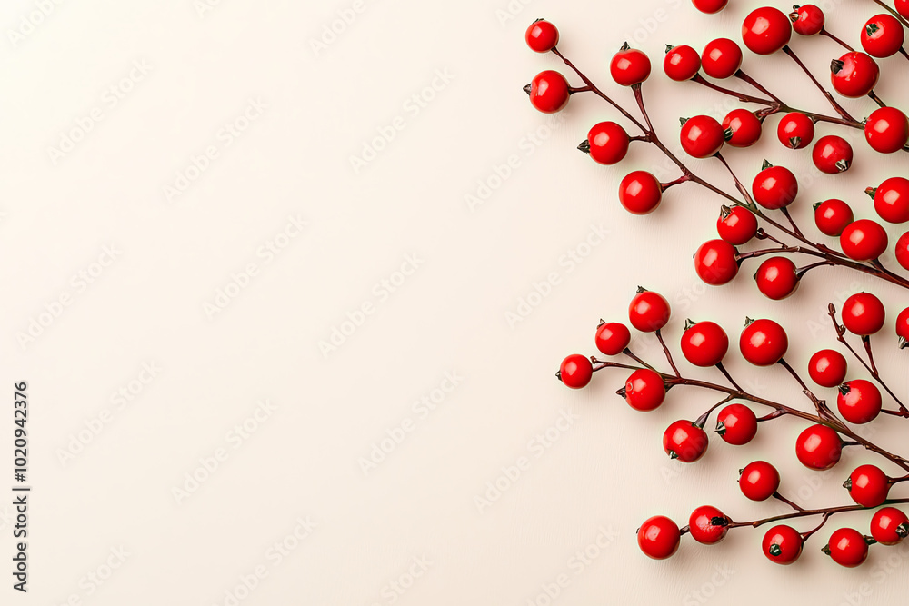 Vibrant red berries arranged artistically on a soft beige background, ideal for seasonal decorations and festive themes. Vibrant red berries arranged artistically on a soft beige background, ideal for seasonal decorations and festive themes.