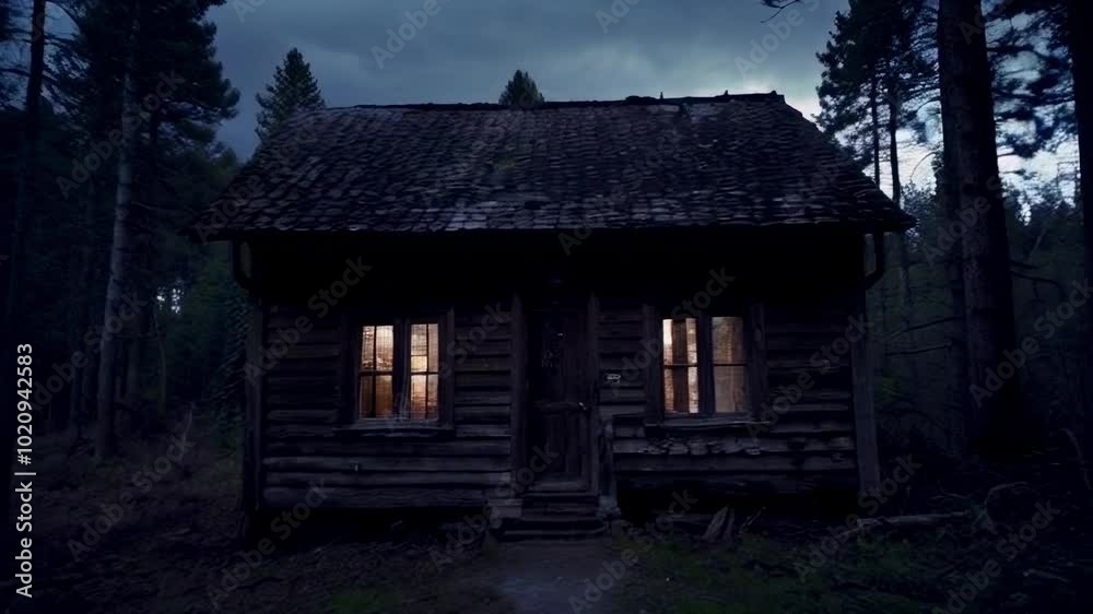 Spooky house in dark woods, old gloomy hut at Halloween night, scary place in forest like in horror movie. Spooky house in dark woods, old gloomy hut at Halloween night, scary place in forest like in horror movie.