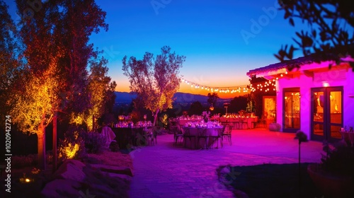 A vibrant outdoor party scene featuring colorful lighting that accentuates the beauty of the landscape under the night sky