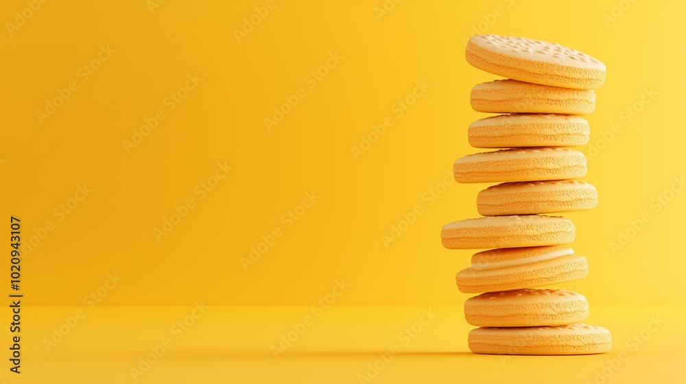 Biscuit tower, cheerful bright yellow setting, 3D illustration Biscuit tower, cheerful bright yellow setting, 3D illustration