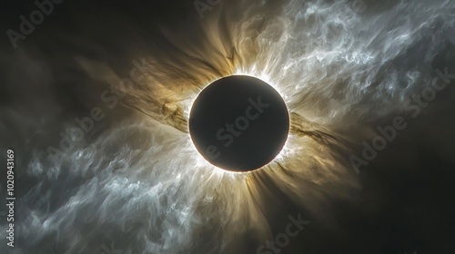 An eclipse, the moon passing in front of the sun with a glowing corona photo