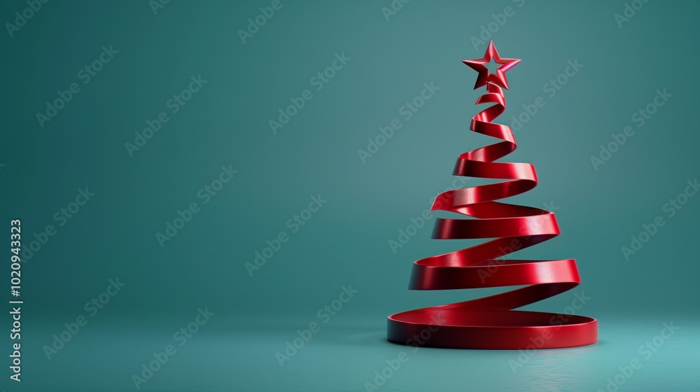 A vibrant red ribbon shaped like a Christmas tree with a star on top against a teal background.