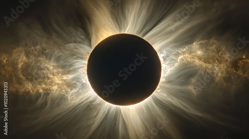 An eclipse, the moon passing in front of the sun with a glowing corona photo