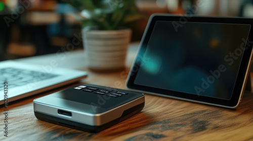 Modern Workspace with Tablet and Device on Table