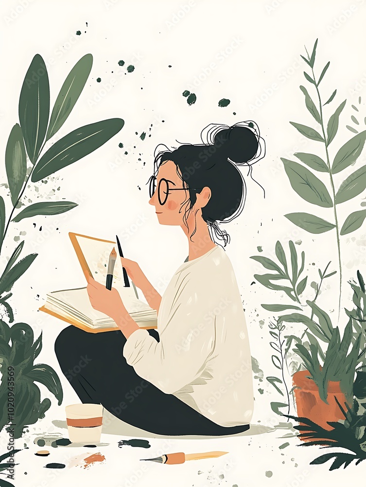 Illustration of a Person Engaging in a Relaxing Hobby of Painting, Surrounded by a Creative and Inspiring Environment Illustration of a Person Engaging in a Relaxing Hobby of Painting, Surrounded by a Creative and Inspiring Environment