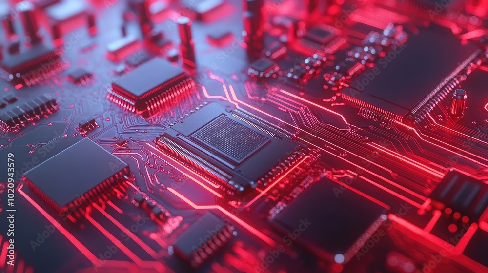 Red Circuit Board Close-Up with Microchips and Traces Red Circuit Board Close-Up with Microchips and Traces