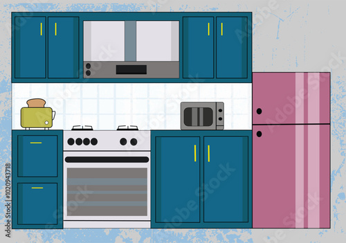 Vector kitchen counter, cooking room interior with appliances. Kitchen tools. Kitchen furniture. Refrigerator and kitchen h oven, microwave, shelves for dishes, stove, toaster. 2D Vector illustration.