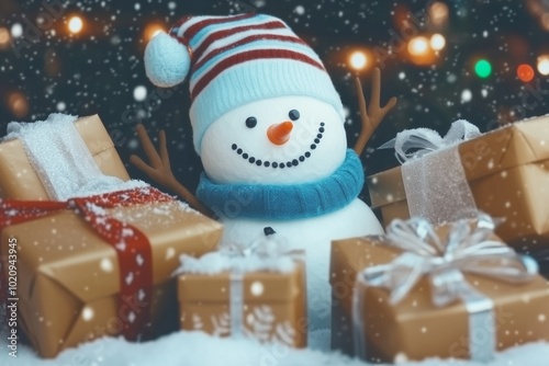 Capture the festive spirit with this cheerful snowman surrounded by Christmas gifts, snowflakes gently falling. Perfect for holiday themes, winter celebrations, and Christmas stock photography.
 photo