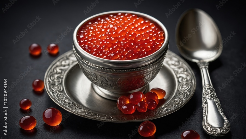 Red caviar in the glass jar on black slate background top view Red caviar in the glass jar on black slate background top view