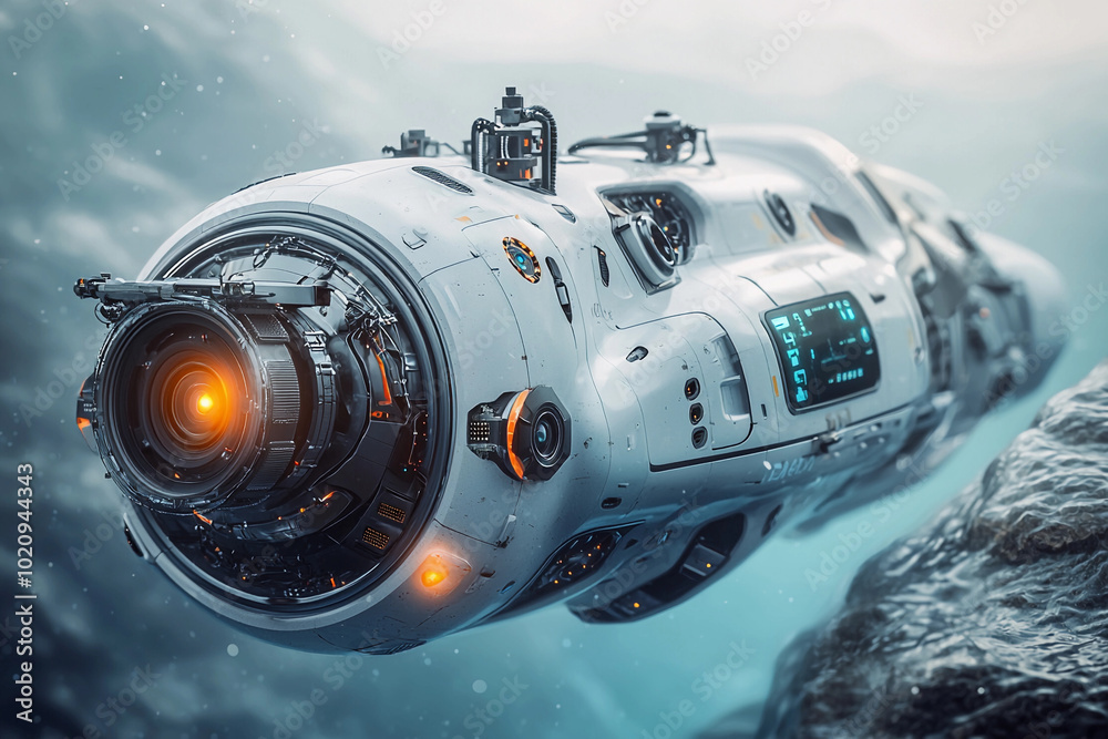 Futuristic submarine exploring the depths of an alien ocean Futuristic submarine exploring the depths of an alien ocean