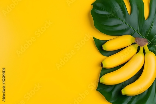 Bunch of bananas are on a leaf. mockup suplement bran, background web design, yellow pastel color background, monstera leave decoration, with bananas on the floor, beautiful, aesthetic and elegant photo