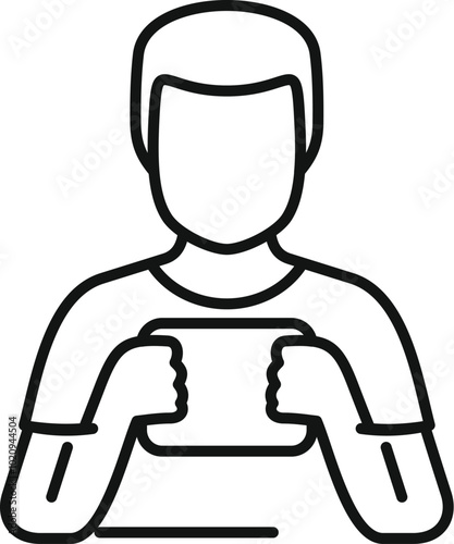 Line drawing of a young man holding a portable gaming console, enjoying his favorite hobby