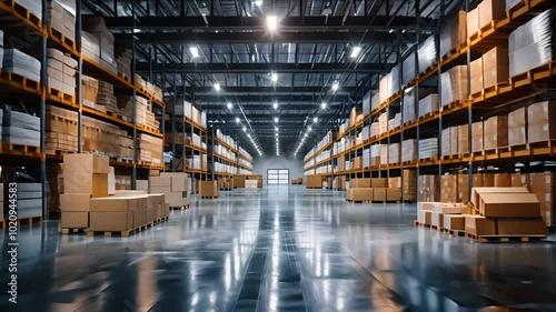 A large empty warehouse with rows of shelves stacked with cardboard boxes