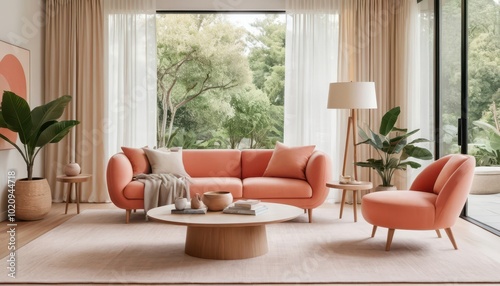 Modern Living Room with Coral Sofas and Abundant Natural Light