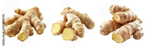 Top view fresh ginger root isolated on transparent PNG background perfect for food-themed illustrations or organic product branding photo