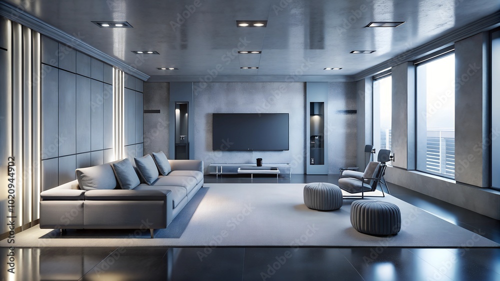 Minimalist interior design of modern entertainment room with Metallic Gray tone Minimalist interior design of modern entertainment room with Metallic Gray tone
