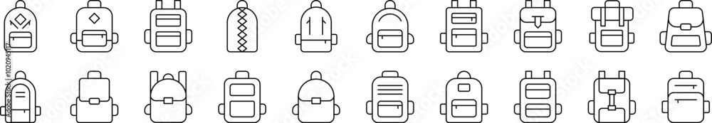 Schoolbag, Bag for Tracking and Hiking Related Line Icon Collection. Editable Stroke. Perfect for Infographics, Articles, Books, Flyers, Banners Schoolbag, Bag for Tracking and Hiking Related Line Icon Collection. Editable Stroke. Perfect for Infographics, Articles, Books, Flyers, Banners