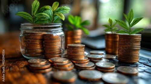 Coins and plants symbolize growth and financial investment.